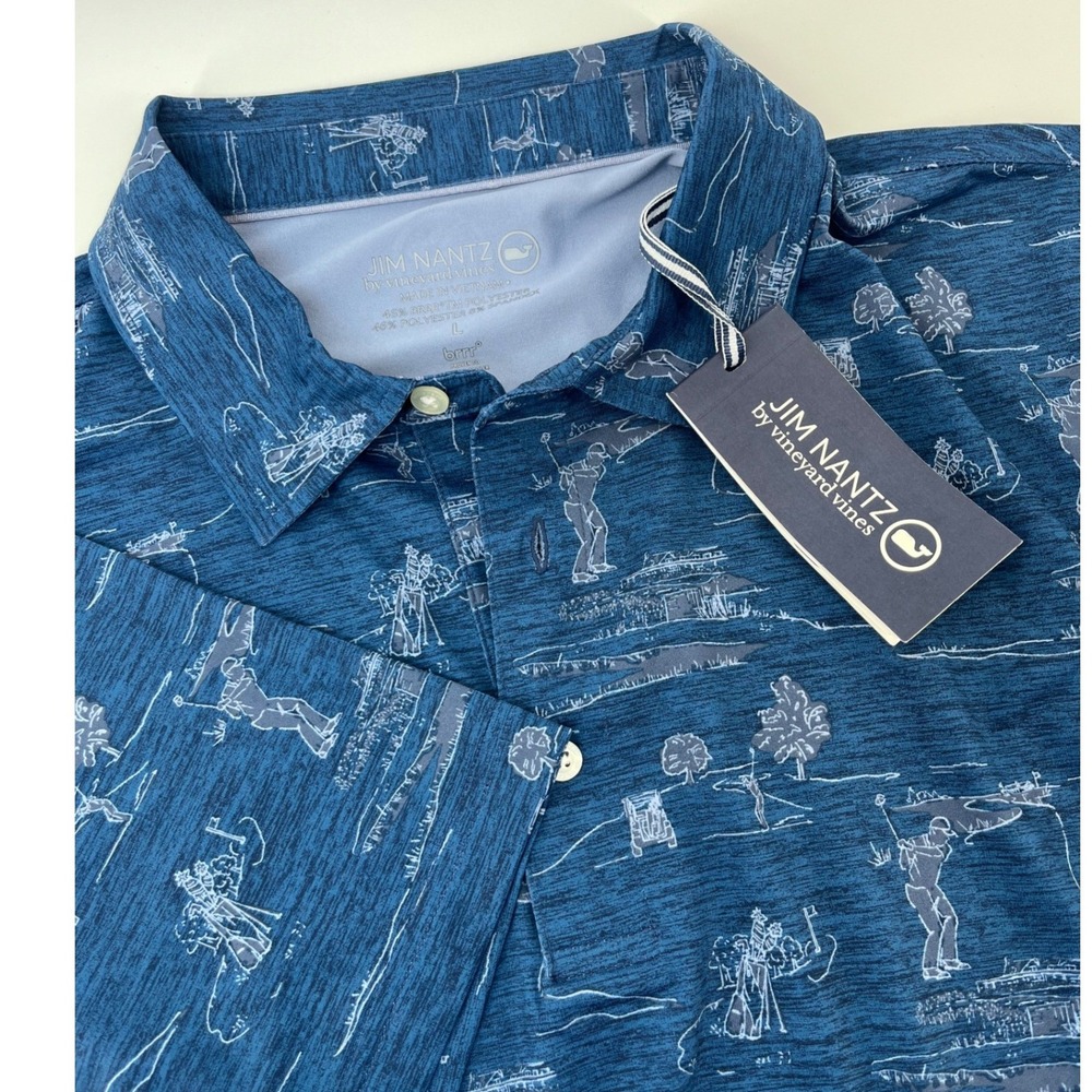 Jim Nantz by Vineyard Vines Golf Polo Mens L Blue Brrr Performance Scenic Print